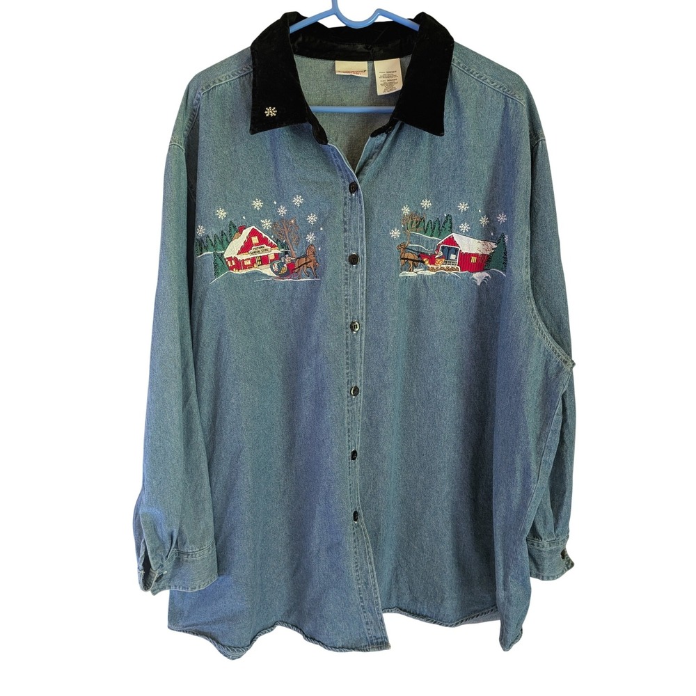 Christmas Farm Denim Button Women 26-28W Vintage Holiday Cottagecore Grandmacore